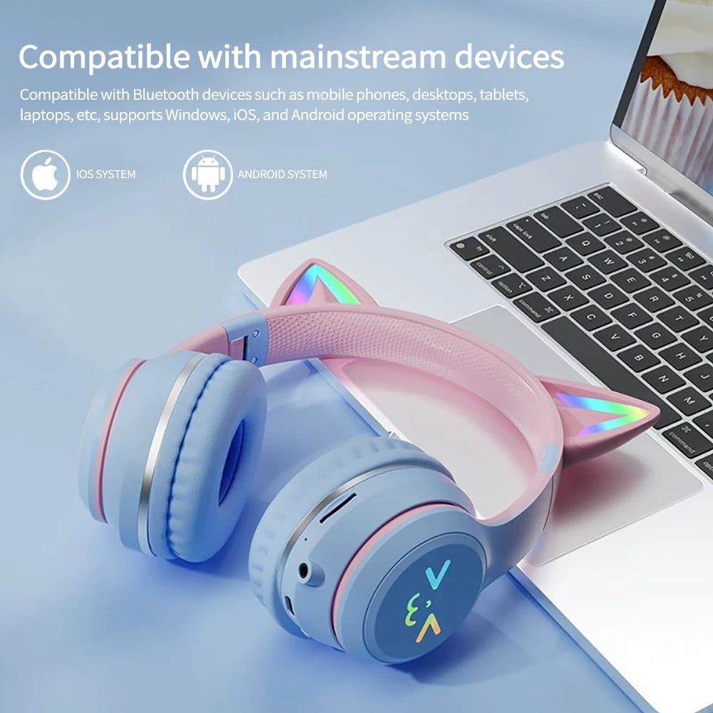 RGB Cat Ear Wireless Headphones Glow with Microphone Stereo Music Sport Headset Gaming Headphones For Kids Girls Gifts