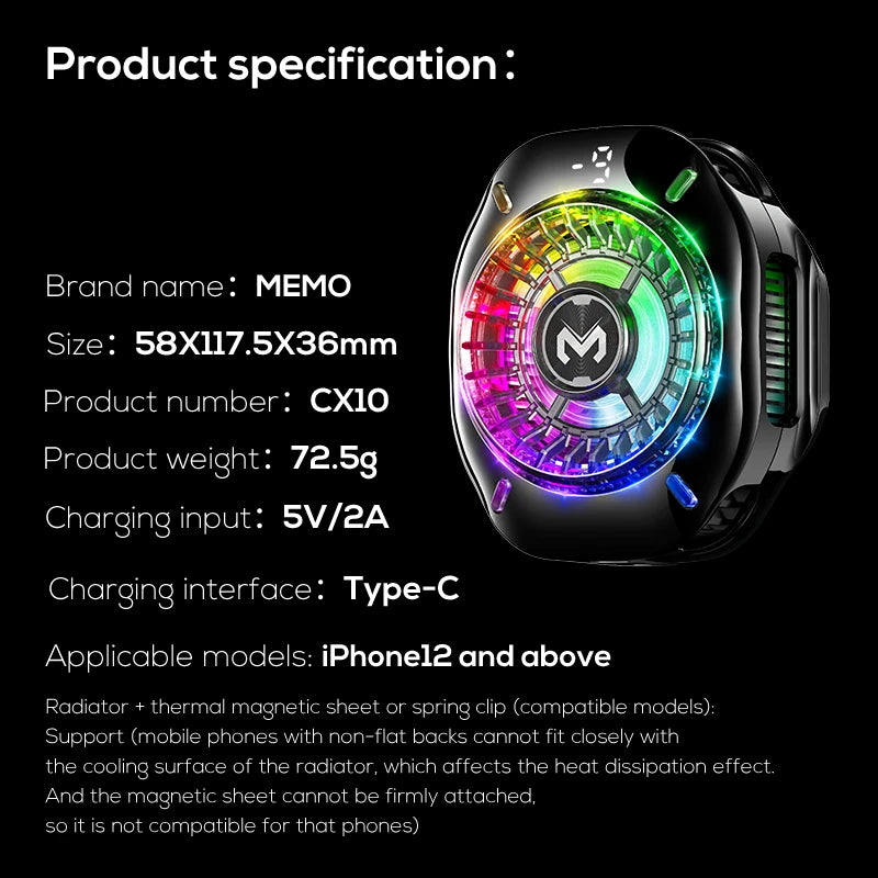 MEMO CX10 Semiconductor Phone Cooler with RGB Lights Magnetic Clip on Ice-Freezing Strong Cooling for Gaming & Live Streaming