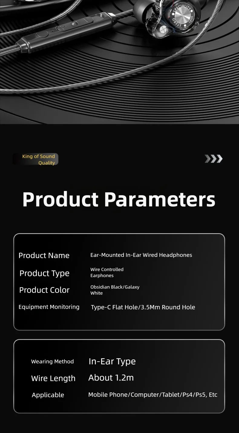 Type-C Wired Earphone For Samsung Galaxy S25 S24 S23 S22 21 Ultra Plus 3.5MM in-Ear Earphone HiFi Bass Stereo Gaming Headphone