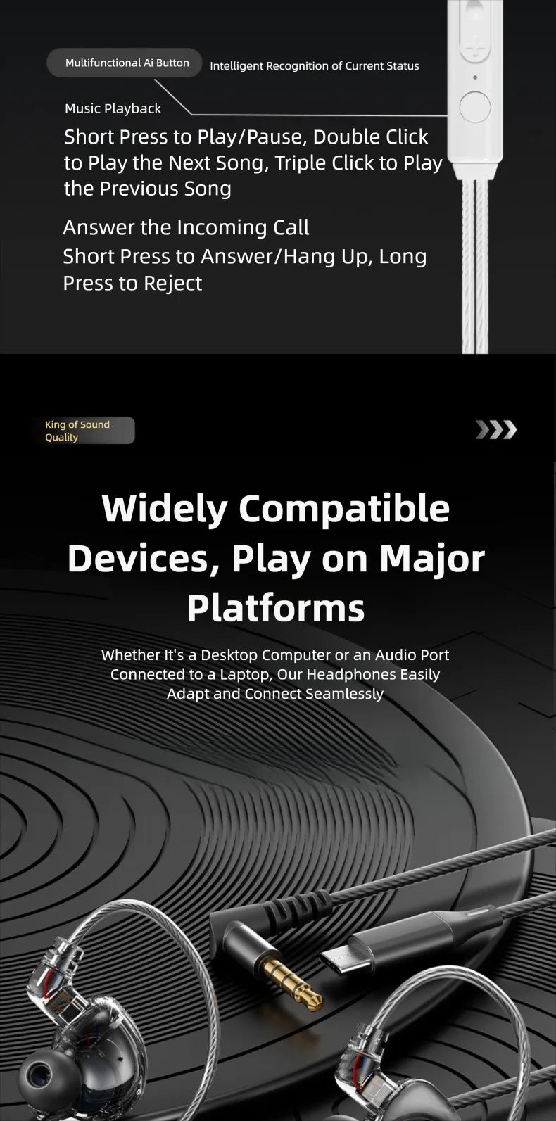 Type-C Wired Earphone For Samsung Galaxy S25 S24 S23 S22 21 Ultra Plus 3.5MM in-Ear Earphone HiFi Bass Stereo Gaming Headphone