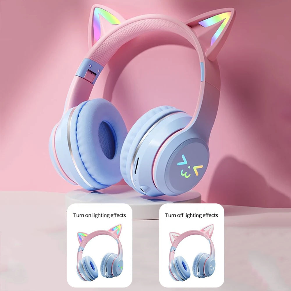RGB Cat Ear Wireless Headphones Glow with Microphone Stereo Music Sport Headset Gaming Headphones For Kids Girls Gifts
