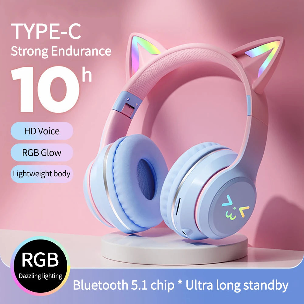 RGB Cat Ear Wireless Headphones Glow with Microphone Stereo Music Sport Headset Gaming Headphones For Kids Girls Gifts