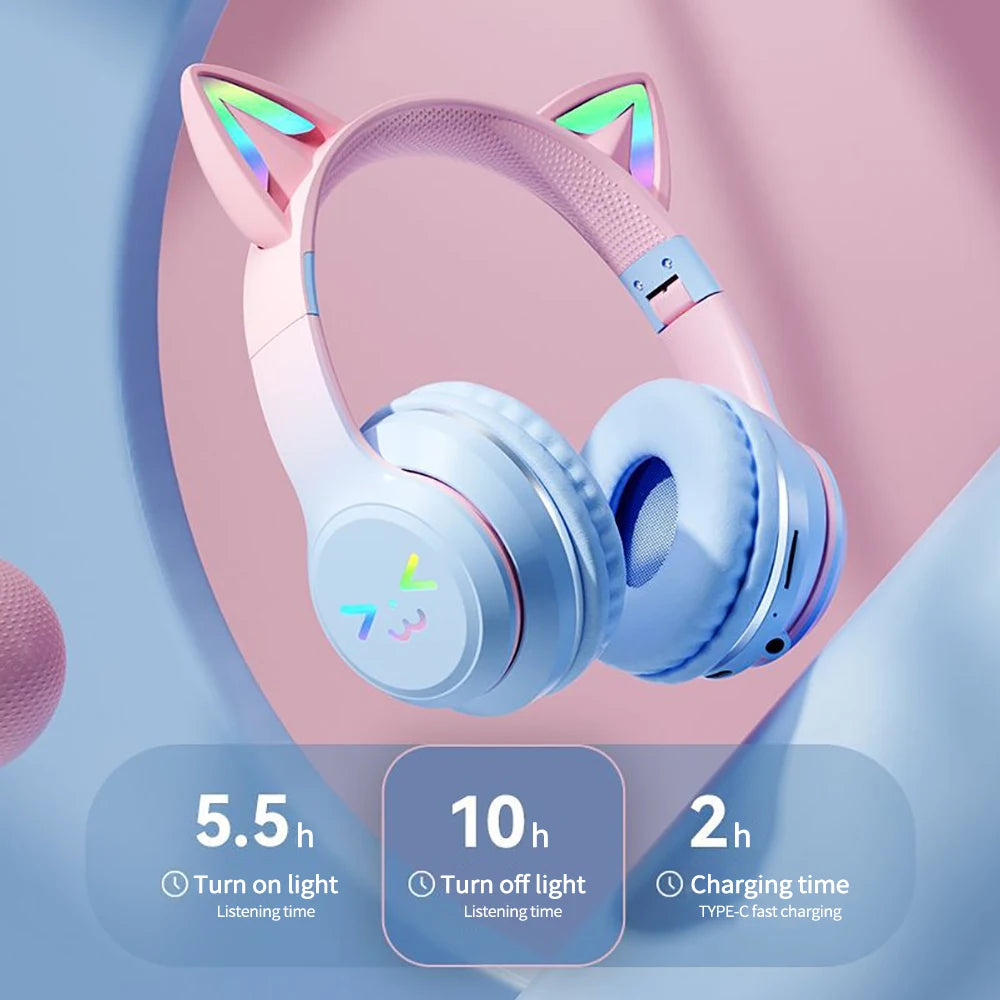 RGB Cat Ear Wireless Headphones Glow with Microphone Stereo Music Sport Headset Gaming Headphones For Kids Girls Gifts